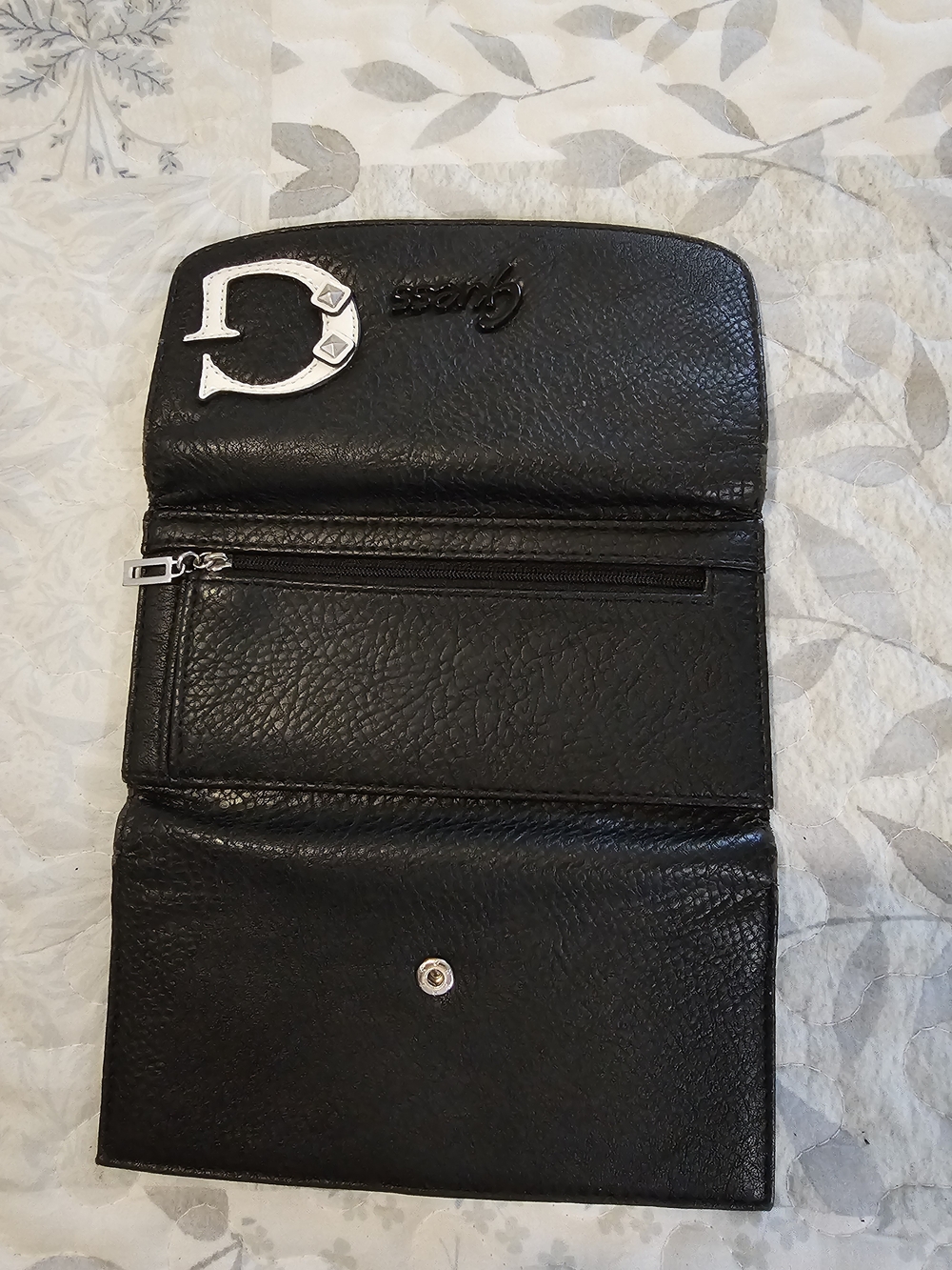 G by Guess Black Trifold Wallet with Silver Hardware